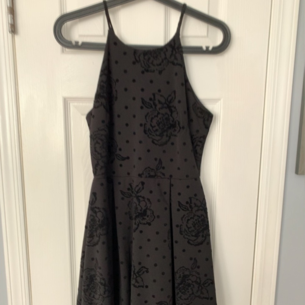 juniors black halter dress with velvet detailing